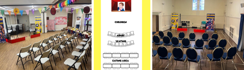 Arranging the chairs for the magic show /birthday party. A key part of making the entertainment brilliant. 